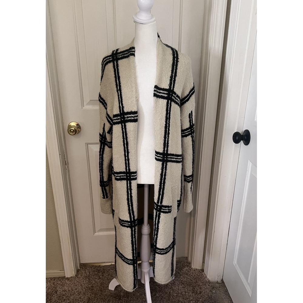 Democracy Plaid Knit Cozy Duster Cardigan Cozy Pockets Women's Large Flaw